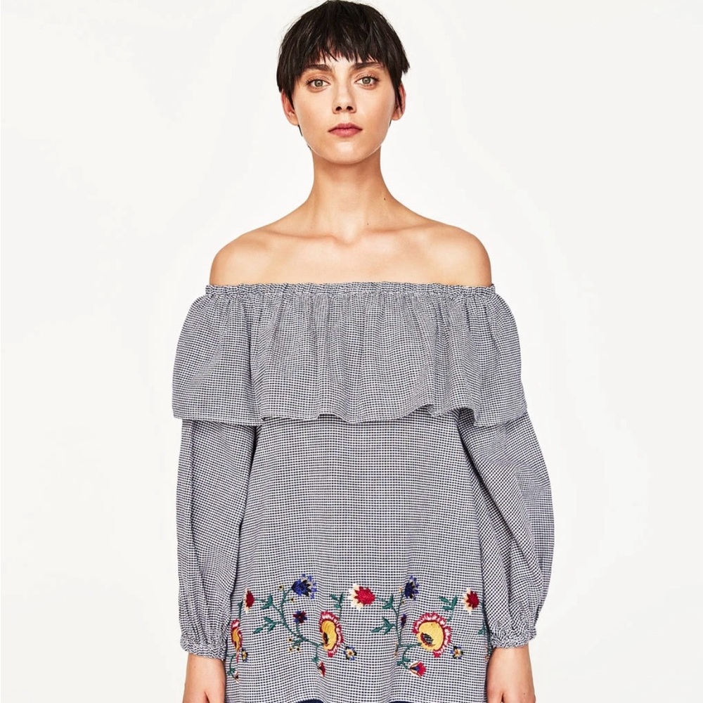 Zara Woman Off Shoulder Gingham Embroidered Floral Blouse Boho Chic S